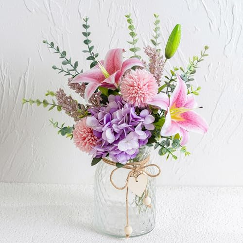 Künstliche Blumen mit Vase, künstliche Seidenblumen in Vase, künstliche rosa Lilie, violette Hortensien und Löwenzahnblume, Arrangement für Zuhause, Frühlingsdekoration, Esstisch, Tafelaufsatz
