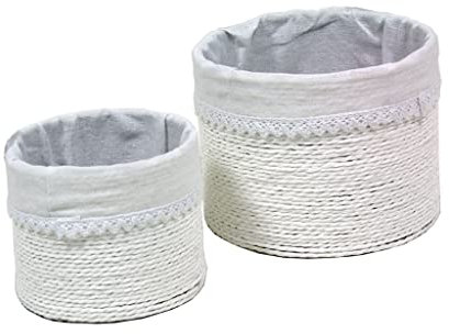 Körbe Papierstreifen weiß mit weißem Stoff S/2 (20 x 20 x 15 cm)