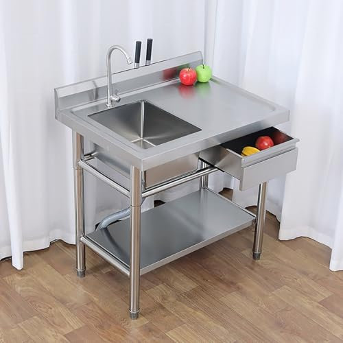 MTSYXYM Edelstahl Spültisch Freistehende Einzelbecken-Spüle,Design mit großem Fassungsvermögen, abgerundeten Ecken, mit Schubladen, für Garten, Restaurant, Garage.(80 * 60 * 80cm)
