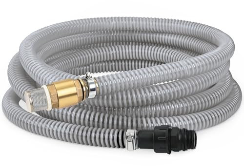 VEATON 7m Suction Hose Kit with Brass Fitting Check Valve and G1 Male Thread, Water Intake Hose Set, Aspiration Hose for Well Shallow Sprinkler Garden Booster Pump, Grayish-White