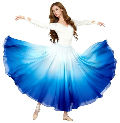 Baisdan Donna Gonna in Chiffon per Danza del Ventre, Gonne Flamenco a Cerchio Completo per Costumi di Halloween, Carnevale Spettacoli, Bianco Blu, Taglia Unica