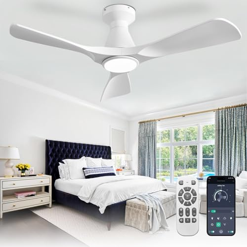 Depuley Ventilateurs de plafond 42 pouces avec lumières : Ventilateur plafond Blanc encastré à profil bas - Ventilateur d'extérieur silencieux à moteur CC avec minuterie de contrôle APP à distance
