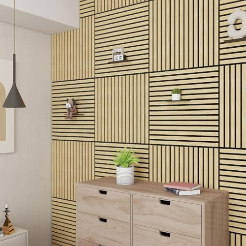 NEU.HOLZ Lot de 12 Panneaux Acoustiques Muraux et pour Plafond à Lamelles Droites Isolation Sonore Style Scandinave Installation Facile Chambre Studio MDF 4,32 m² 60 x 60 cm Effet Chêne Clair