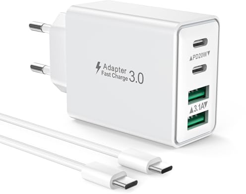 USB C Ladegerät mit USB C Kabel 2M, 40W 4-Ports Schnellladegerät Stecker für iPhone 17 16 15 Pro Max Plus, iPad, Handys, Mehrfach USBC Fast Charger Netzteil PD3.0 Power Adapter Ladestecker