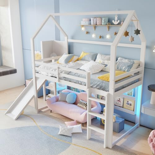 OOIILLEE Lit Mezzanine 90x200 cm avec Bande Lumineuse LED, lit Mezzanine Enfant avec Toboggan, Cadre de lit 90x200 en Bois Massif, Forme Maison, avec étagères et clôture, sans Matelas, Blanc