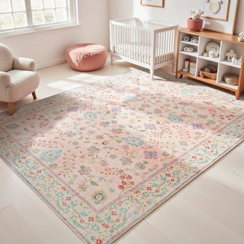 Goideal Pale Pink Rug for Girls Room, 4x6 Floral Washable Area Rug Non Slip, Boho Low Pile Carpet with Rubber Backing for Bedroom Living Room Bathroom Playroom Nursery Office