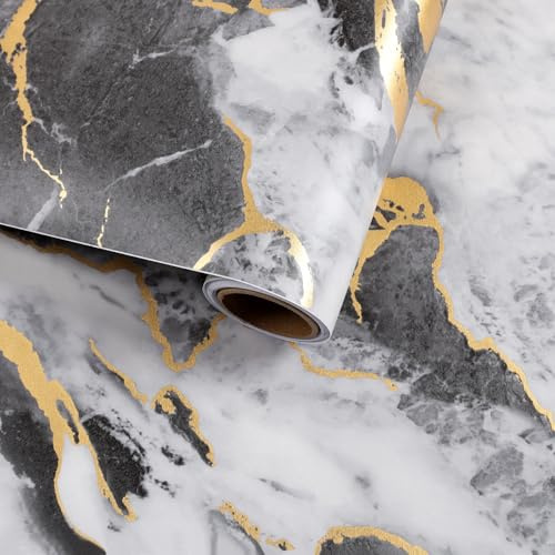 VaryFloral Tapete Selbstklebend Marmoroptik Klebefolie Möbel 30cmx300cm Weiß Schwarz Gold Möbelfolie Selbstklebend Abwaschbare Tapete Vintage Folie für Möbel Wasserfest Küchenfolie Schränke Tisch
