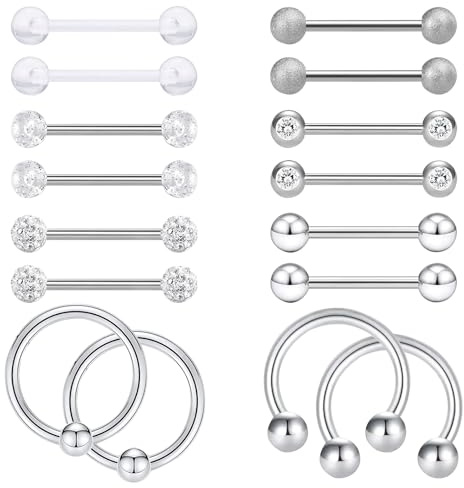 TYXHXTF 16Pcs Barbell Piercing Pezón Acero Inoxidable, Piercing Oreja Acero Piercing para Mujer