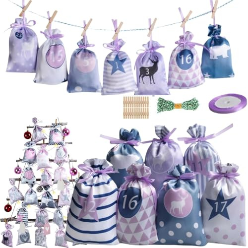 MHwan Calendario Avvento Fai Da Te, 24 Pezzi Calendario Avvento Da Riempire Realizzati In Tessuto Di Raso Liscio e Lucido, Bellissime e Squisite Calendario Dell'Avvento Fai Da Te (Rosa, Viola)