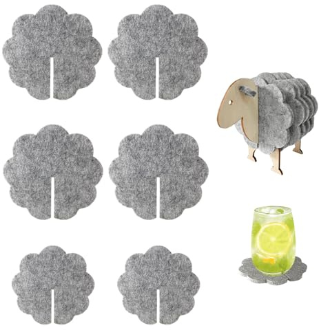 HAPPOW 6PCS Untersetzer Filz, Filzuntersetzer mit Schaf-Aufbewahrungsregal, Schafförmige Untersetzer Gläser, Niedliche Küchendekoration, für Zuhause, Café(Grey)