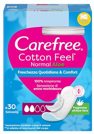 Carefree Salvaslip Cotton Feel Normal Fragranza all'Aloe Vera 30 Pezzi, Salva slip donna traspiranti, Proteggi slip che si adattano al corpo, Extra morbidezza, Delicati sulla pelle