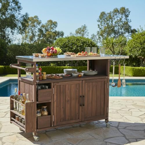 Merax 54.33 Farmhouse Rolling Outdoor Kitchen Cart, Solid Wood Frame with Stainless Steel Top, Spice Rack, Towel Rack, Lockable Wheels & Multi-Functional Storage for Patio, Backyard BBQ & Kitchen