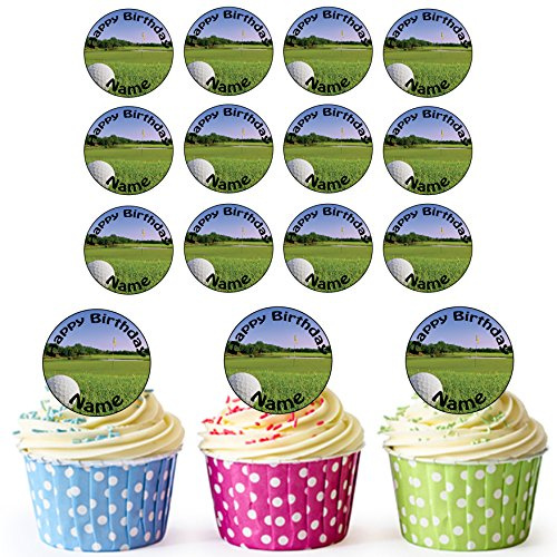 AK Giftshop Golf Ball And Hole 24 Personalised Edible Cupcake Toppers/Birthday Cake Decorations - Easy Precut Circles