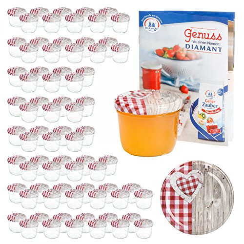 MamboCat 100er 230 ml Sturzglas-Set | Einmachgläser + Twist-Off-Deckel Holz-Herz rotkariert + GRATIS Rezeptheft | einkochen & konservieren | backofengeeignet