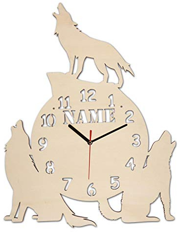Namofactur personalisierte Wanduhr Wolf mit Wunschname aus Holz | Mit Wunschname und in verschiedenen Farben wählbar; als Wanddeko für Wohnzimmer, Flur oder Gartenhaus