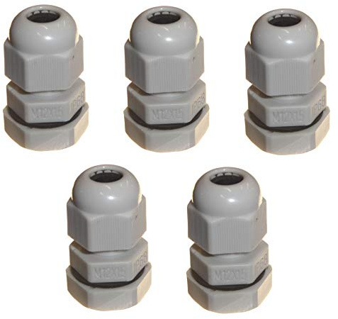 5pk Grey M12 12mm TRS Stuffing Compression Glands for 3-6.5mm Cable, Waterproof IP68 with Locknut and Washer