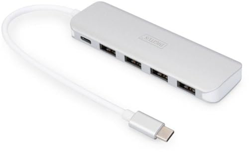 DIGITUS DA-70242-1 – USB Hub – 4-Port USB 3.2 Gen 1 Hub Typ C – Superspeed Datenübertragung bis 5 Gbit/s – Kompakt & tragbar – Plug-and-Play – Für PC, Notebook & Mac – Silber