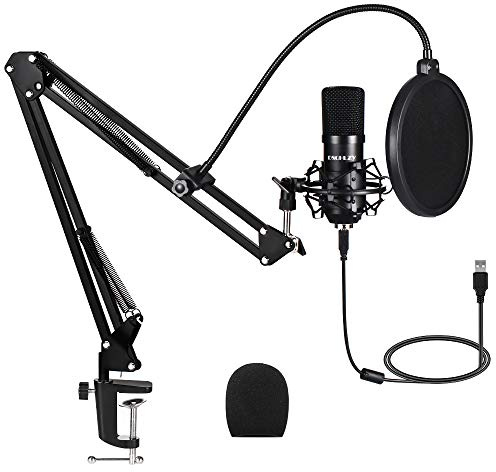 Micrófono de PC para podcast de transmisión USB: micrófono profesional para computadora de 192 kHz/24 bits, kit de micrófono de condensador cardioide de estudio con tarjeta de sonido, brazo de brazo