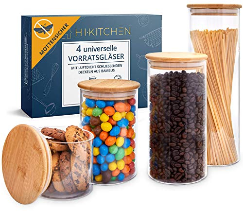 HIKITCHEN® 4er Set Vorratsgläser aus stabilem Borosilikatglas mit Bambusdeckel - 3mm dicke Glasbehälter zur sicheren Aufbewahrung von Lebensmitteln