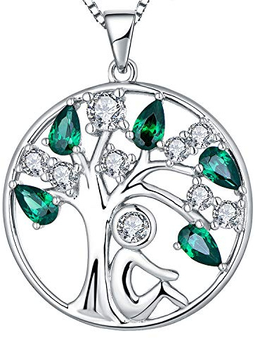 YL Damen Lebensbaum Kette 925 Sterling Silber geschnittenen Mai Geburtsstein Grün Zirkonia Stammbaum Anhänger Halskette für Frauen, 45 + 5CM