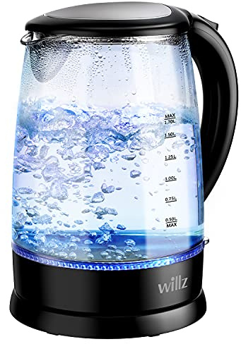 Willz Electric Glass Kettle with Heat Resistant Handle and Cordless Pour, Quick Boil & Auto Shut-Off Technology, Blue Boil Light, 1.7L, 1500 W, Black