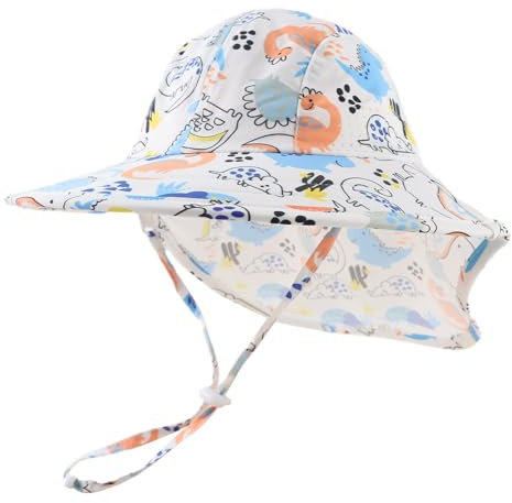 Pesaat Baby solhatt flicka med UV-skydd, solhatt baby pojke med nackskydd, sommarmössa barn, babymössa, sommar, Dinosaurie himmelsblå, 3-12 Månader