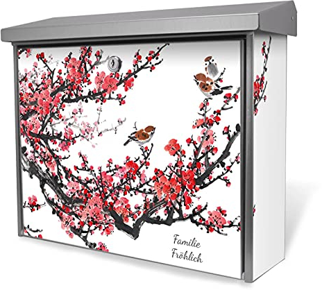 banjado® Burgwächter Briefkasten Edelstahl 38,5x31,5x12cm mit Motiv Japanische Blüten 1 / Briefkasten Edelstahl ohne Zeitungsfach/Briefkasten grau/Postkasten inkl. Montagematerial & 2 Schlüsseln