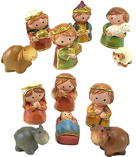 Natività Sacra Famiglia Set 12 pastori statuine presepe Decorazioni di Natale addobbi Moderni Idea Regalo cm 4,5 in Resina Ornamento casa San Giuseppe Maria e bambin Gesu'