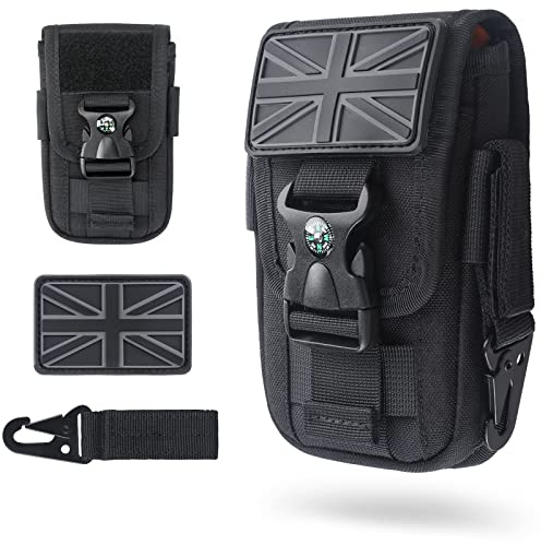 WYNEX Tactical Molle Phone Pouch with Compass Buckle, Tactical Phone Holster Molle Cell Phone Pouch Universal Belt Waist Bag for IP 13/12/11 Max / S21 with UK Patch & Gear Clip Buckle