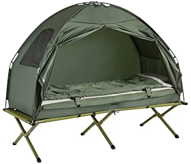 SoBuy 4in1-Zelt mit Campingliege Schlafsack Luftmatratze und Zubehör 1 Person Feldbett mit elektrischer Luftpumpe OGS32-GR