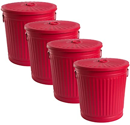 Jinfa | 4 Jeux Poubelle en métal galvanisé avec poignées et couvercle | Rouge | Diamètre Ø 21,5 cm - Hauteur 21,5 cm | Capacité: 7 litres