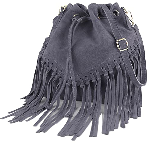 modamoda de - T239 - ital. Schultertasche Fransen Wildleder, Farbe:Blaugrau
