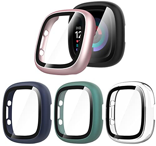 Hianjoo 5-Pack Screen Protector Compatible with Fitbit Sense 2 / Versa 4, All-round Protective Tempered Glass PC Case Bumper Cover Compatible with Fitbit Sense 2 / Versa 4
