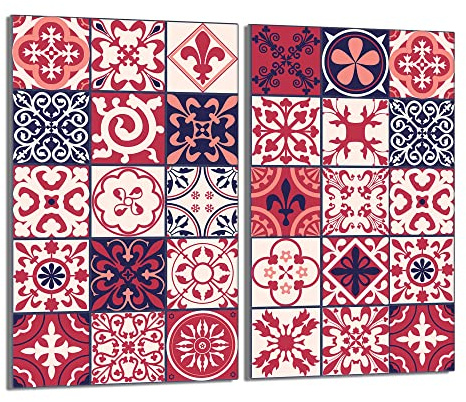 Herdabdeckplatten 2-Teilig 2x30x52 cm Ceranfeldabdeckung Küche Elektroherd Induktion Herdschutz Spritzschutz Glasplatte Schneidebrett aus Gehärtetem Glas, Mosaik Rot