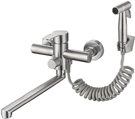 HomeLava Wasserhahn Küche Wandmontage, Wandarmatur mit Spritzpistole 360° Drehbar Auslauf 300mm, Edelstahl Kalt und Heiß Küchenarmatur Spültischarmatur Armatur für Ausgussbecken, Gebürstet