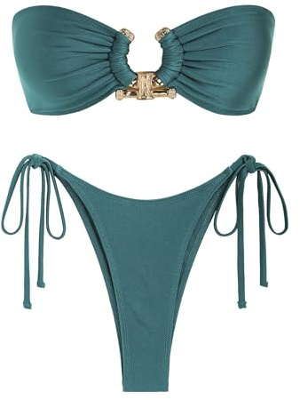 ZAFUL Crinkle Bandeau Bikini Metal Hardware Ring Tie Side Shiny Bandeau Bikini Swimwear Green XS