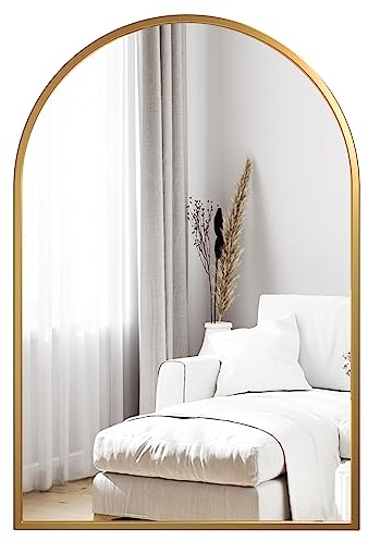 Dripex Rundbogen Wandspiegel 60x90cm mit Aluminiumrahmen,dekorativer HD Wandspiegel Schminkspiegel für Badzimmer/Ankleidezimmer/Wohnzimmer,unbrechbarer Spiegel (Gold)