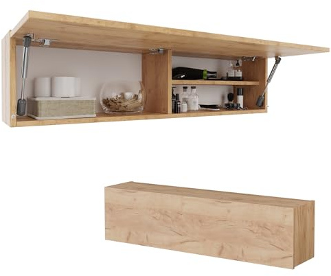 PLATAN ROOM Badschrank 80/120 / 160/200 / 240 breit Badmöbel Badezimmer Klapphängeschrank Schrank Hochglanz Matt Weiß (Gold Eiche, 120 x 30 x 25)