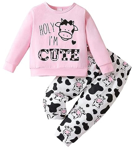 Vuncio Ensemble Enfant Fille 1-6 Ans Imprimé Vache Hiver Pas Cher Fashion Tailleur 2 Pièces Fille Pantalon Et Chemise Hauts Manche Longue Printemps Mignon Chic Confortable Casual Jogging