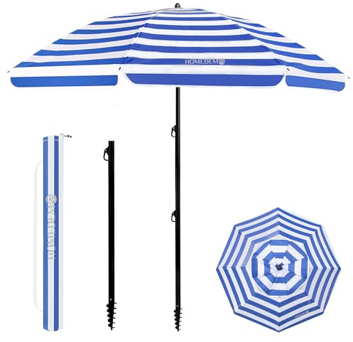 HOMEDEMO Sonnenschirm Strandschirm, Ø 200 cm Gartenschirm Marktschirm, Terrassenschirm mit Bodenhülse & Drehstange & Schutzhülle, Blaue weiße Streifen rund UV50+ Schutz Sonnenschutzschirm