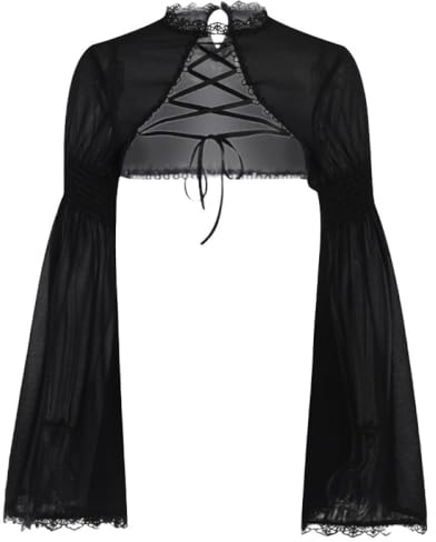 WLLLDDDIU Cárdigan Corto para Mujer Cárdigan Corto de Encaje Floral de Lolita gótica Manga Acampanada Lazo con Nudo Delantero Abrigo Corto Bolero Cárdigan Corto Elegante Cárdigan Corto Tra