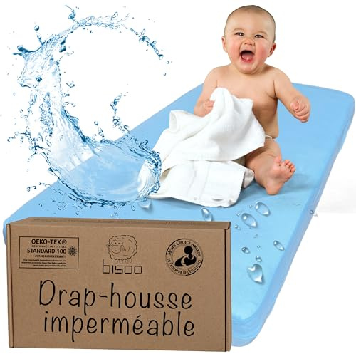 Bisoo Spannbettlaken Beistellbett 45x90. Wasserdicht & Atmungsaktiv. Jersey Bettlaken aus Baumwolle ersetzt den Matratzenschoner. Ideal Neugeborene, Kinderwagen, Stubenwagen & Beistellbett. Blau
