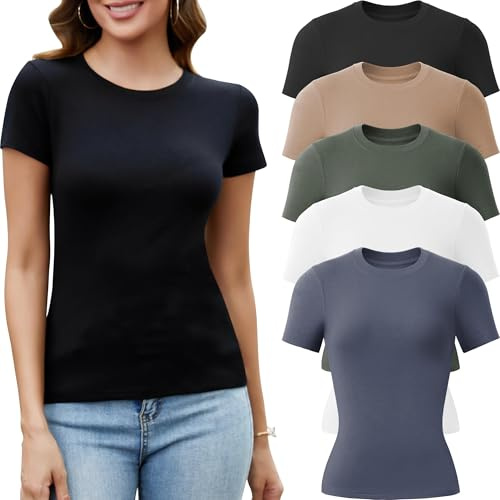 TYCTOS 5 Pack Crew Neck T Shirts for Women Daily Casual Womens Fitted Tshirt Basic Tops for Women Stretchy Womens Tees 5 Pack: Dark Blue&Olive Green&Black&White&Nude Medium