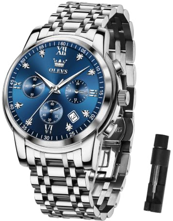 OLEVS Uhren Herren, Analoger Quarzuhr Edelstahl Herren Uhr, Klassisches Chronograph Diamanten Herrenuhren, Luxus Armbanduhr Herren