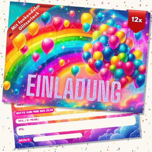 HIDEBLOOM GLITZER Regenbogen Einladungskarten Kindergeburtstag Mädchen - 12 Stück - DIN A6 (10,5 cm x 14,8 cm) - Geburtstagseinladungen Mädchen - Regenbogen Einladung Kinder mit Ballons
