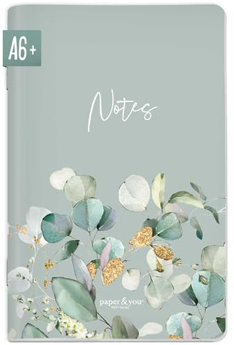 paper&you® Notizheft A6+ Punktraster Minty Leaves mit 64 Seiten, Notizbuch klein, Mini dotted Journal - nachhaltig & klimafreundlich