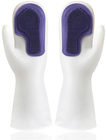 Sunicon Cleaning Brush Dishwashing Gloves PVC Thickened,Dishwashing Gloves,for Kitchen Housework Tools Supplies,Long Sleeves, Kitchen Cleaning,Working, Painting, Gardening (Double brush blue)