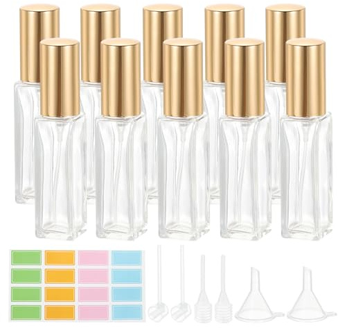 PATIKIL Viaggio Bottiglia Profumo, 10Pz 10ml Nebbia Fine Ricaricabile Piccola Dispenser Profumo Spruzzatore con Etichette Imbuto Pipetta per Profumo Liquido, Trasparente/Tonalità Oro
