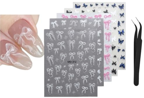 Schmetterling Nagelsticker,5 Blatt Nail Art Sticker Selbstklebend Nagelaufkleber,Nagelsticker Schleife Nageldesign Zubehör Nagel Zubehör Nail Art mit Pinzette (5Blatt Schmetterling Nagelsticker)