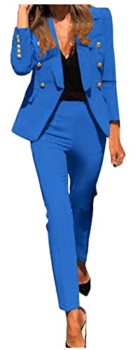 Générique 2 Pièces Tailleur Femme Ensemble Pantalon Chic Et Elegant Veste Mince à Manches Longues Bleu Slim Fit Blazer Veste Formel Bureau Travail Pantalon Costume Elégant Manteau Ensemble